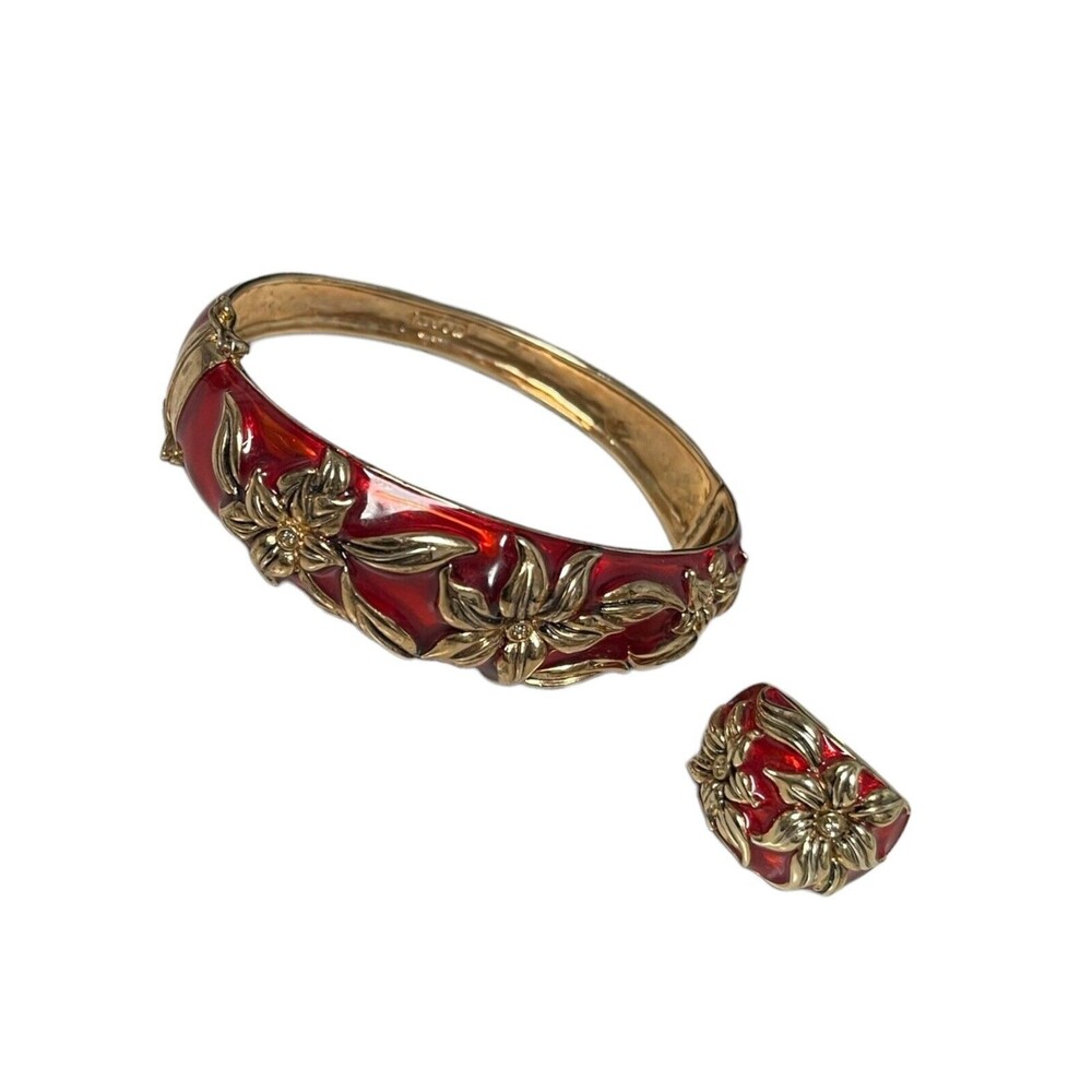 Red Enamel Rhinestone Bracelet & Ring Set Clasp Gold Tones Floral Design
